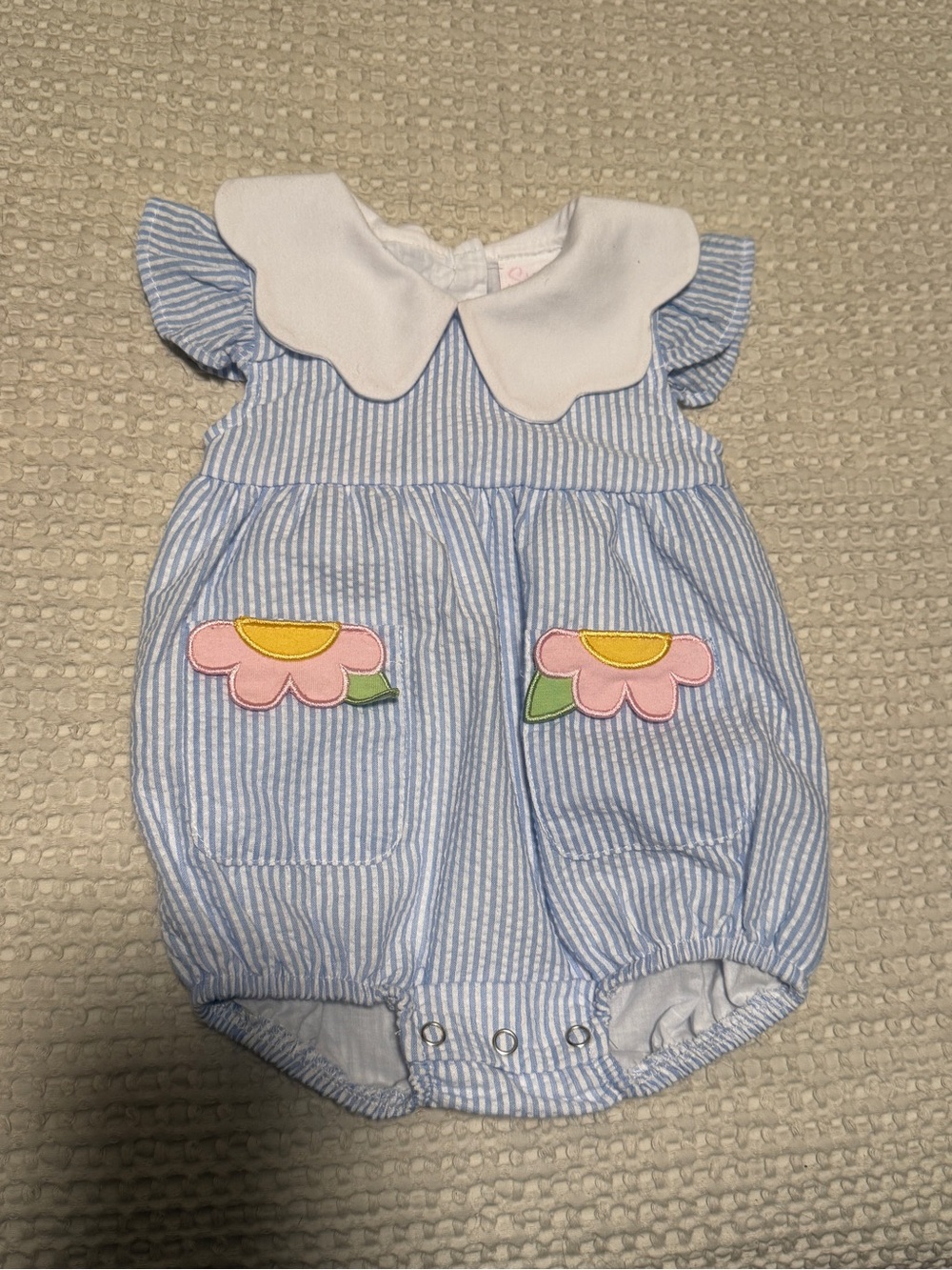 Stichy Fish Bubble BlueStriped Baby One-Piece with White Collar and Pink Flower